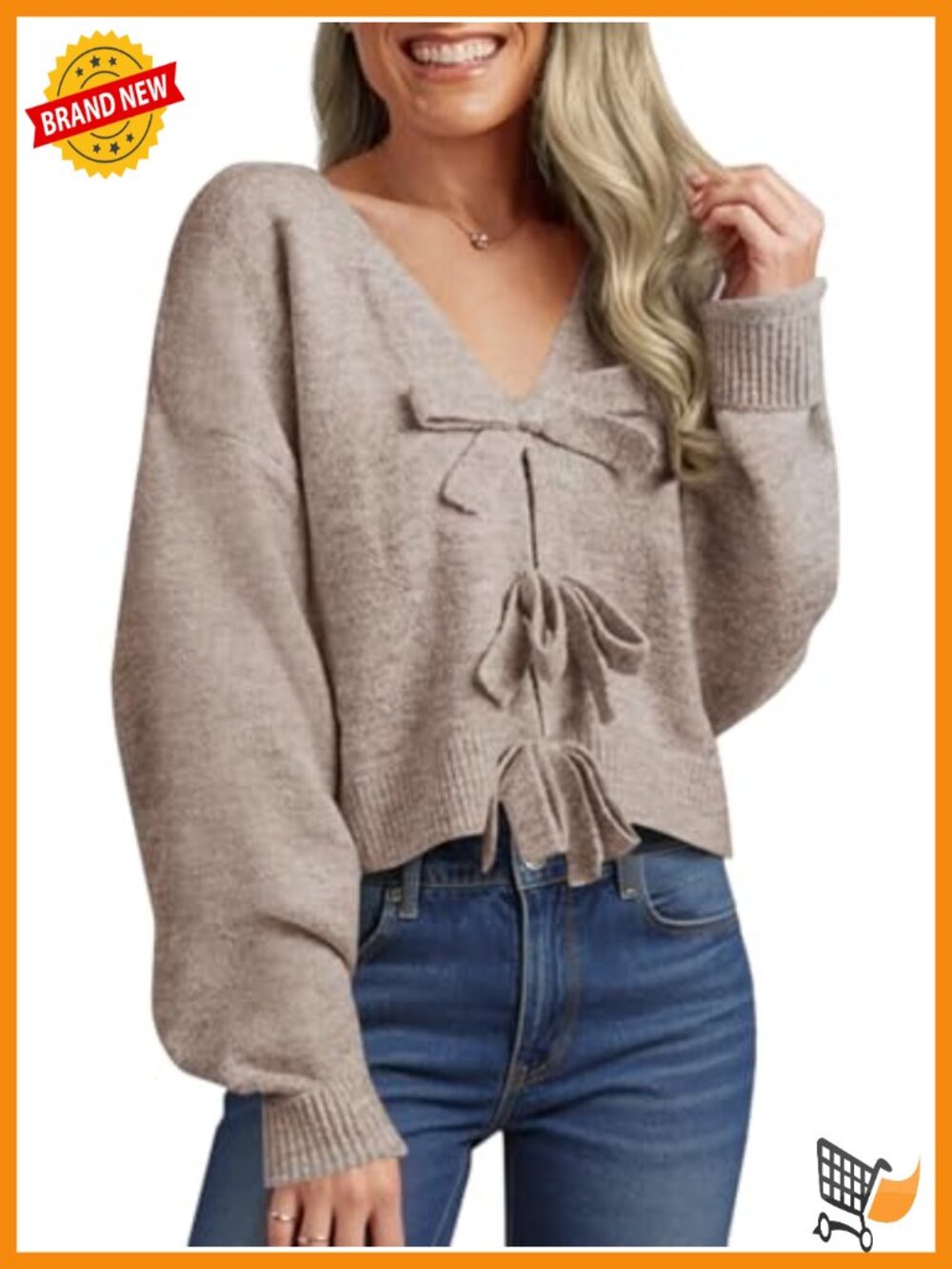 Cropped V Neck Bow Sweater Tie Front Back Long Sleeve Pullover
